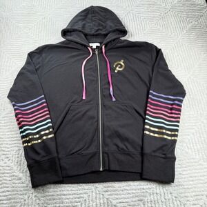 Peloton Spiritual Gangster Black Zip Up Hoodie Women's XL Rainbow Stripe Sleeve